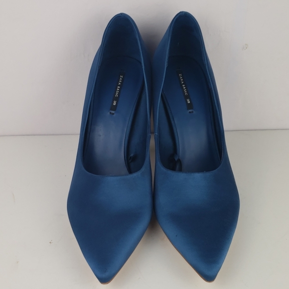 ZARA Blue Satin High Chunky Heel Pumps Size 39 - Picture 3 of 5